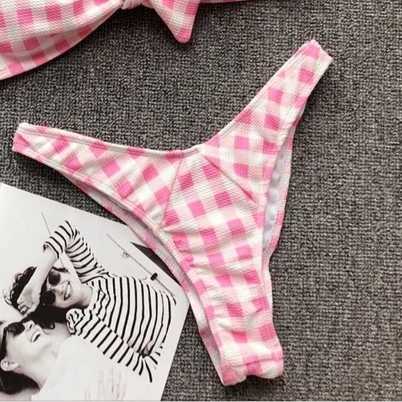 Pink white plaid gingham bikini barbie swimsuit - Picture 4 of 5
